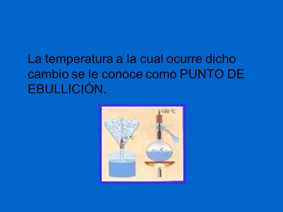 La temperatura a la cual ocurre dicho cambio se le conoce como PUNTO DE EBULLICIÓN.
