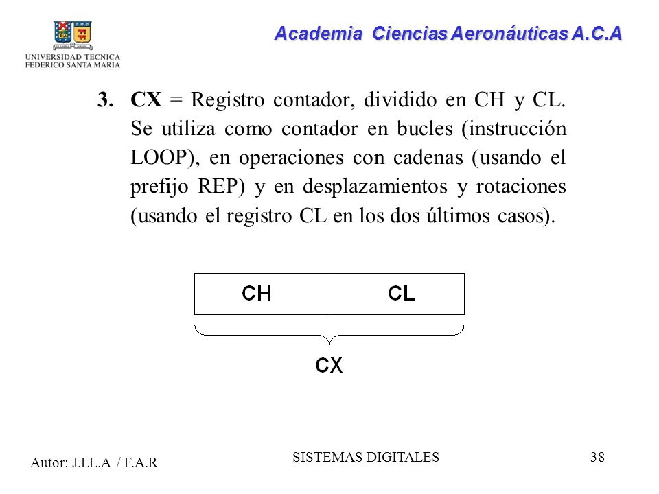 CX = Registro contador, dividido en CH y CL