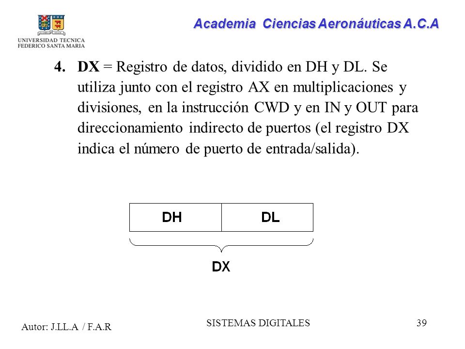 DX = Registro de datos, dividido en DH y DL
