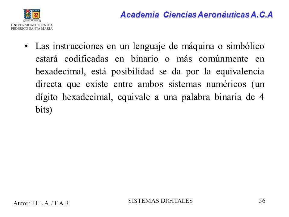Las instrucciones en un lenguaje de máquina o simbólico estará codificadas en binario o más comúnmente en hexadecimal, está posibilidad se da por la equivalencia directa que existe entre ambos sistemas numéricos (un dígito hexadecimal, equivale a una palabra binaria de 4 bits)