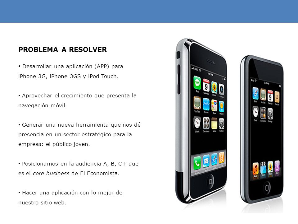 PROBLEMA A RESOLVER Desarrollar una aplicación (APP) para iPhone 3G, iPhone 3GS y iPod Touch.