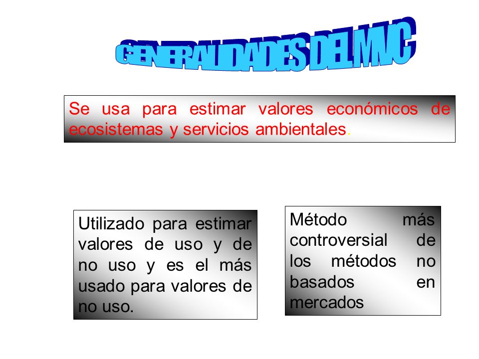 GENERALIDADES DEL MVC Se usa para estimar valores económicos de ecosistemas y servicios ambientales.