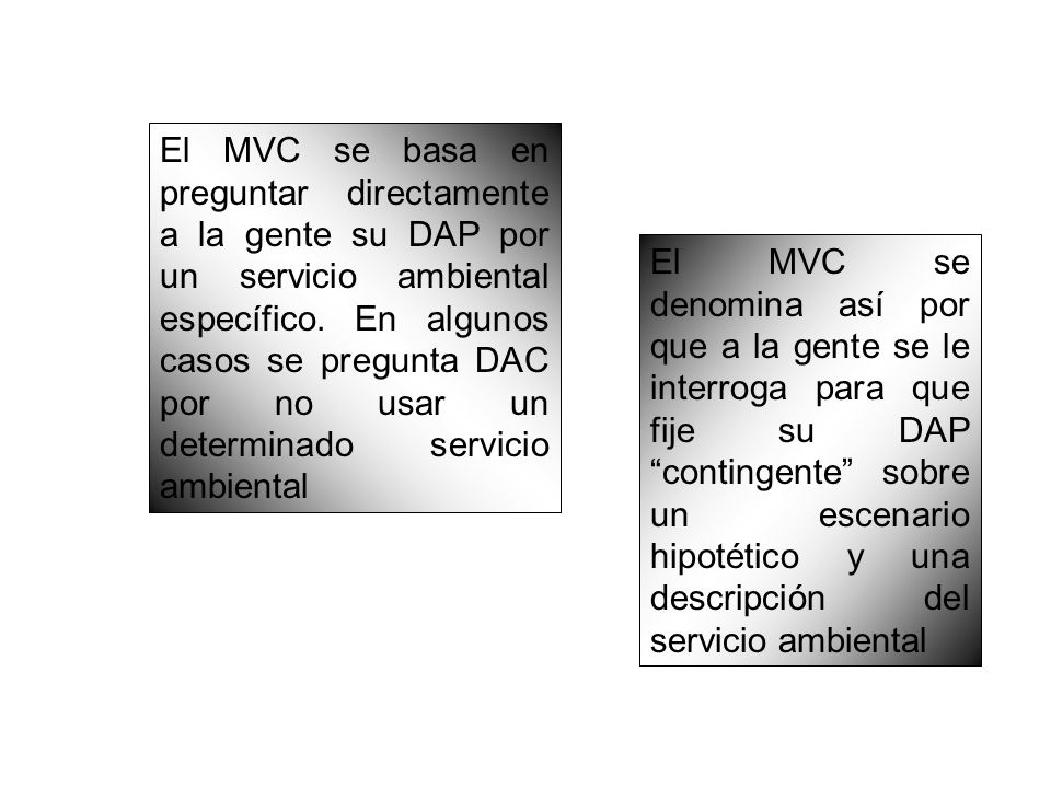 El MVC se basa en preguntar directamente a la gente su DAP por un servicio ambiental específico. En algunos casos se pregunta DAC por no usar un determinado servicio ambiental
