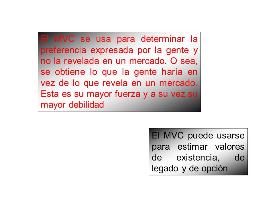 El MVC se usa para determinar la preferencia expresada por la gente y no la revelada en un mercado. O sea, se obtiene lo que la gente haría en vez de lo que revela en un mercado. Esta es su mayor fuerza y a su vez su mayor debilidad