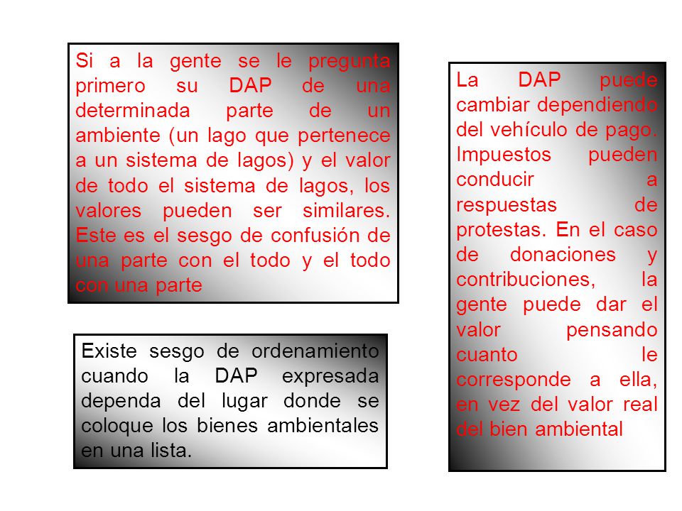 Si a la gente se le pregunta primero su DAP de una determinada parte de un ambiente (un lago que pertenece a un sistema de lagos) y el valor de todo el sistema de lagos, los valores pueden ser similares. Este es el sesgo de confusión de una parte con el todo y el todo con una parte