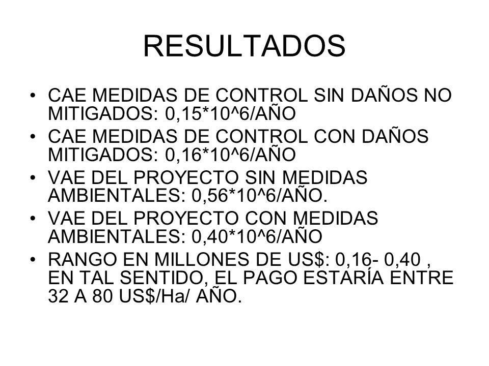 RESULTADOS CAE MEDIDAS DE CONTROL SIN DAÑOS NO MITIGADOS: 0,15*10^6/AÑO. CAE MEDIDAS DE CONTROL CON DAÑOS MITIGADOS: 0,16*10^6/AÑO.
