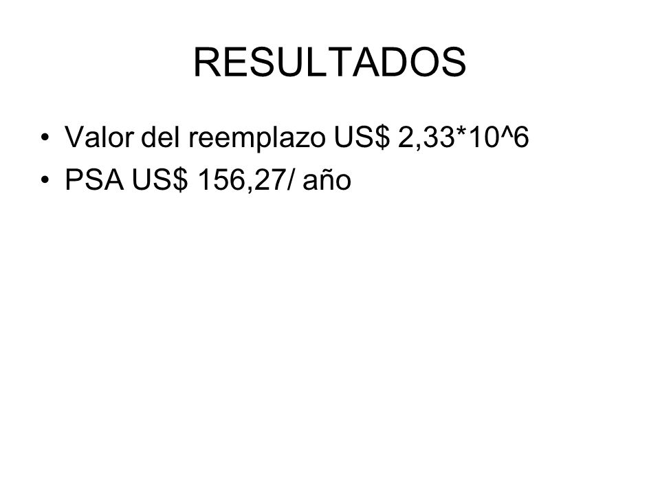 RESULTADOS Valor del reemplazo US$ 2,33*10^6 PSA US$ 156,27/ año