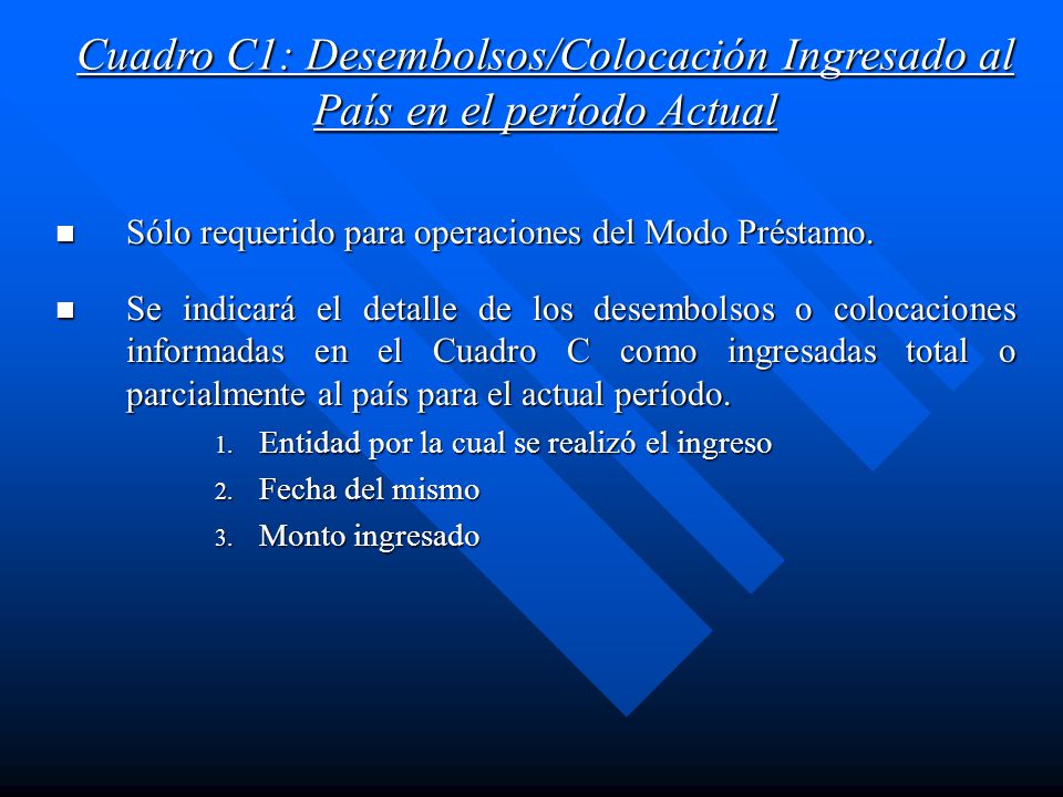Cuadro C1: Desembolsos/Colocación Ingresado al País en el período Actual