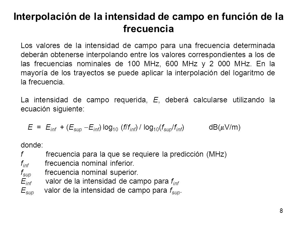Interpolación de la intensidad de campo en función de la frecuencia
