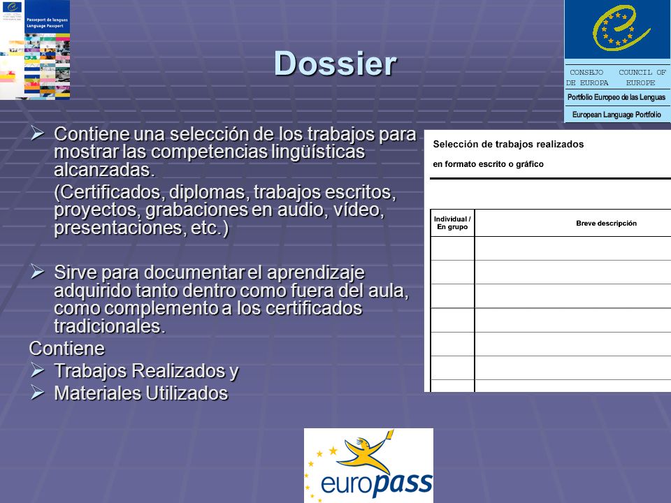 Dossier Contiene una selección de los trabajos para mostrar las competencias lingüísticas alcanzadas.