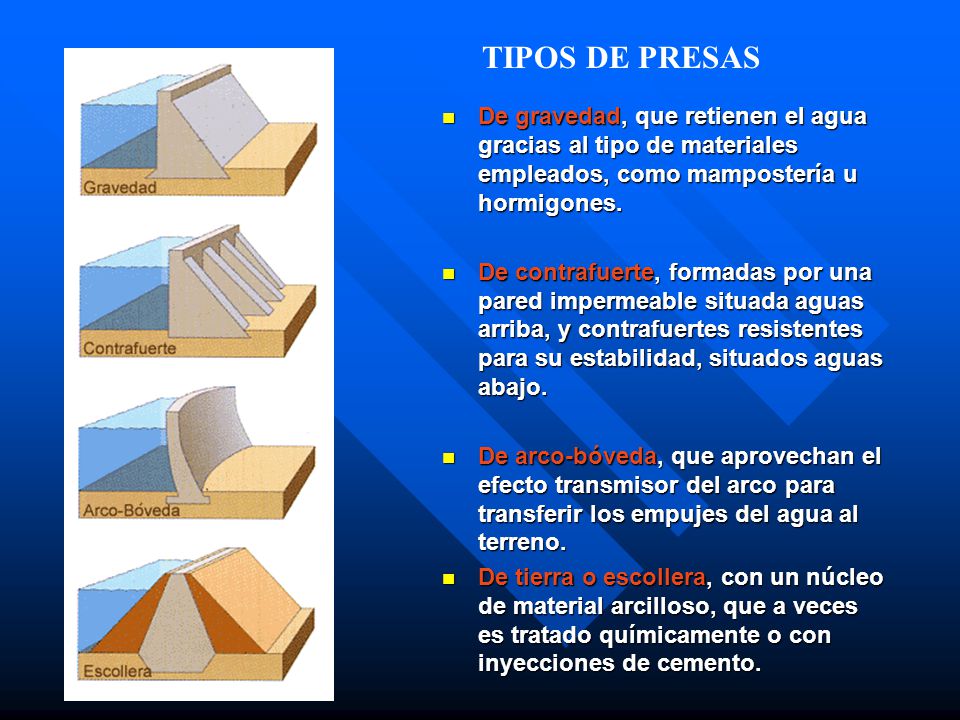 TIPOS DE PRESAS De gravedad, que retienen el agua gracias al tipo de materiales empleados, como mampostería u hormigones.