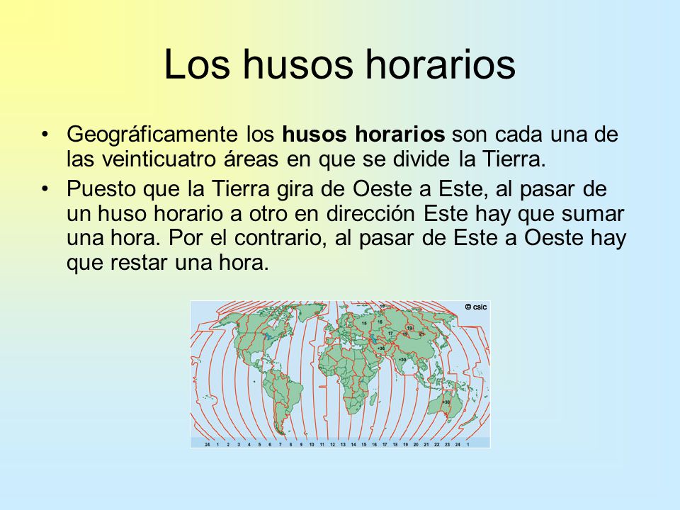 Los husos horarios Geográficamente los husos horarios son cada una de las veinticuatro áreas en que se divide la Tierra.