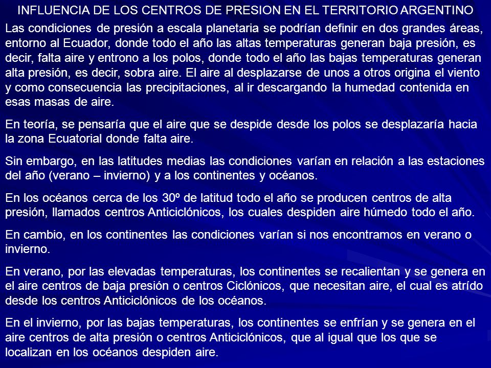 INFLUENCIA DE LOS CENTROS DE PRESION EN EL TERRITORIO ARGENTINO
