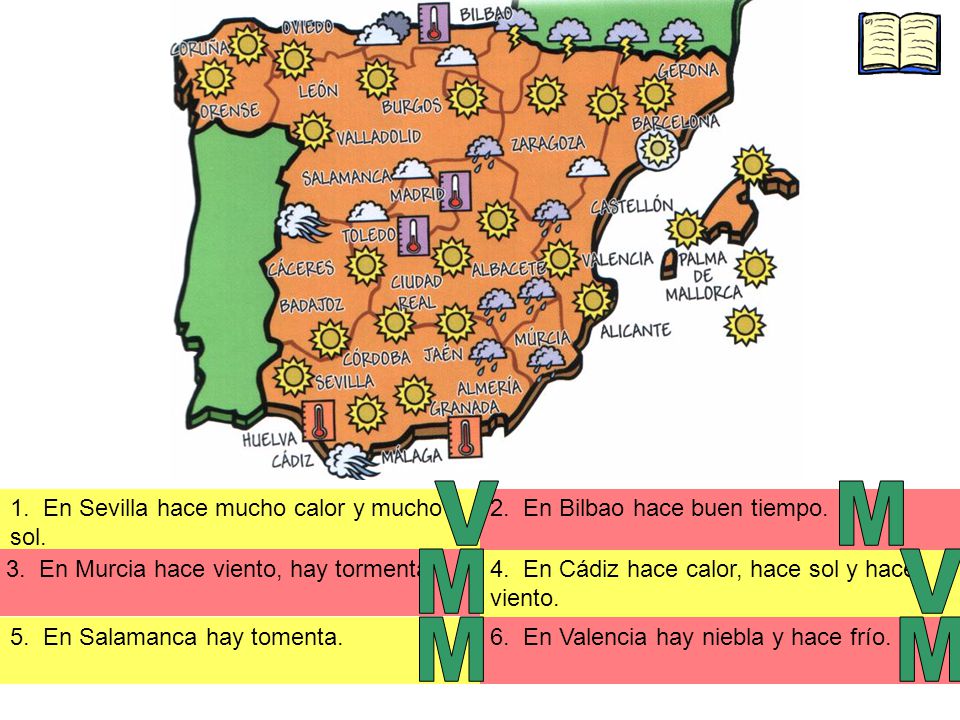 V M M V M M 1. En Sevilla hace mucho calor y mucho sol.