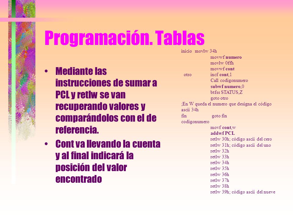 Programación. Tablas inicio movlw 34h. movwf numero. movlw 0ffh. movwf cont. otro incf cont,1.