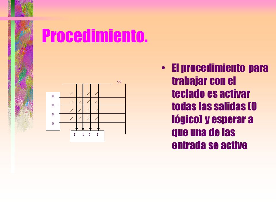 Procedimiento. El procedimiento para trabajar con el teclado es activar todas las salidas (0 lógico) y esperar a que una de las entrada se active.