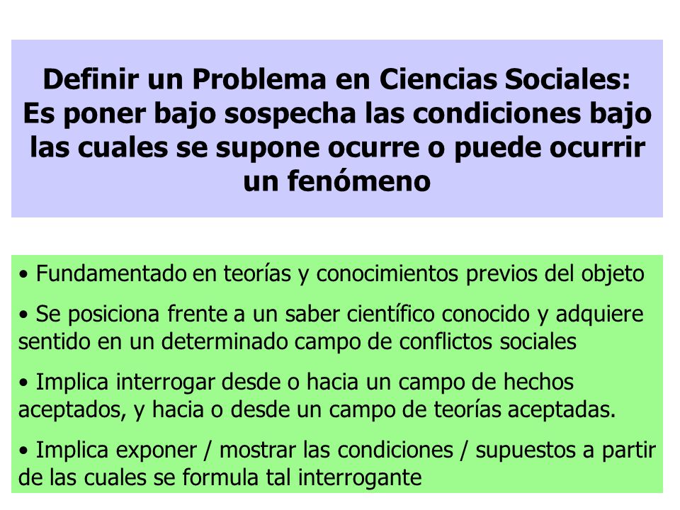 Definir un Problema en Ciencias Sociales: Es poner bajo sospecha las condiciones bajo las cuales se supone ocurre o puede ocurrir un fenómeno