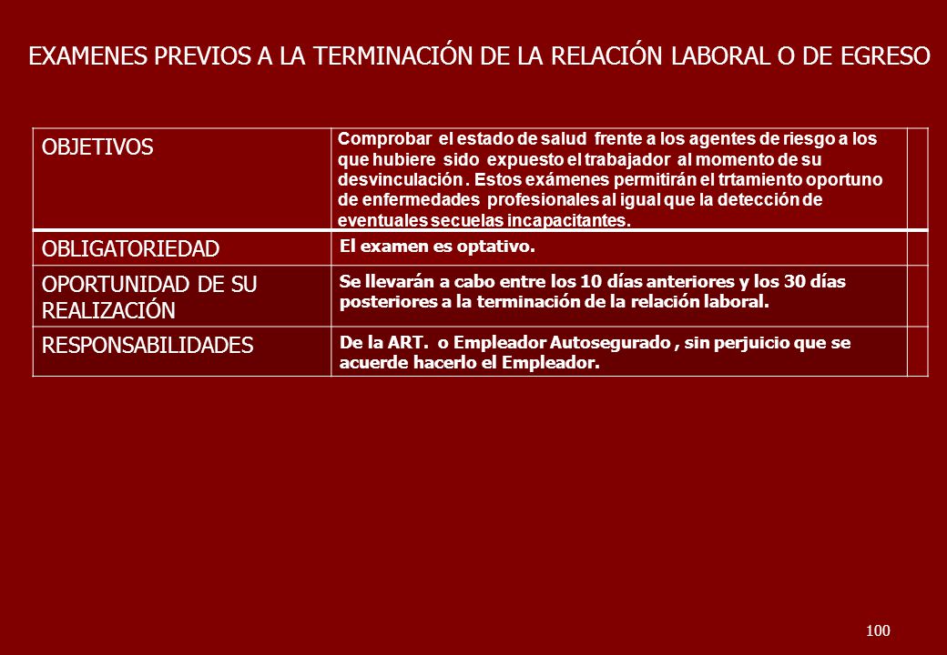 EXAMENES PREVIOS A LA TERMINACIÓN DE LA RELACIÓN LABORAL O DE EGRESO
