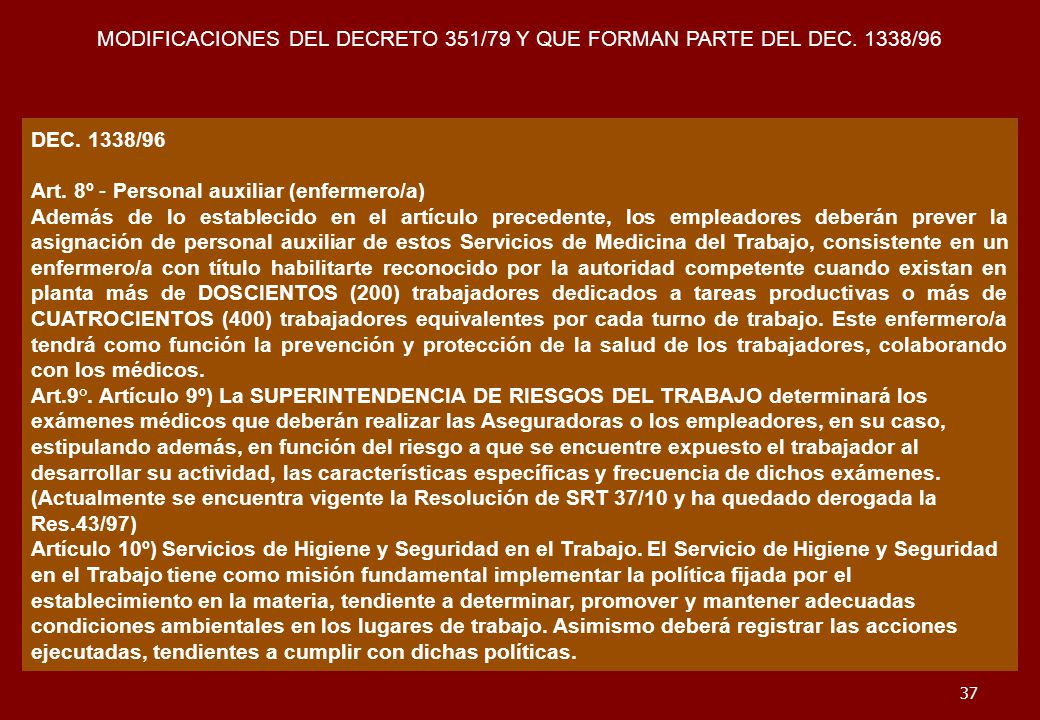 MODIFICACIONES DEL DECRETO 351/79 Y QUE FORMAN PARTE DEL DEC. 1338/96