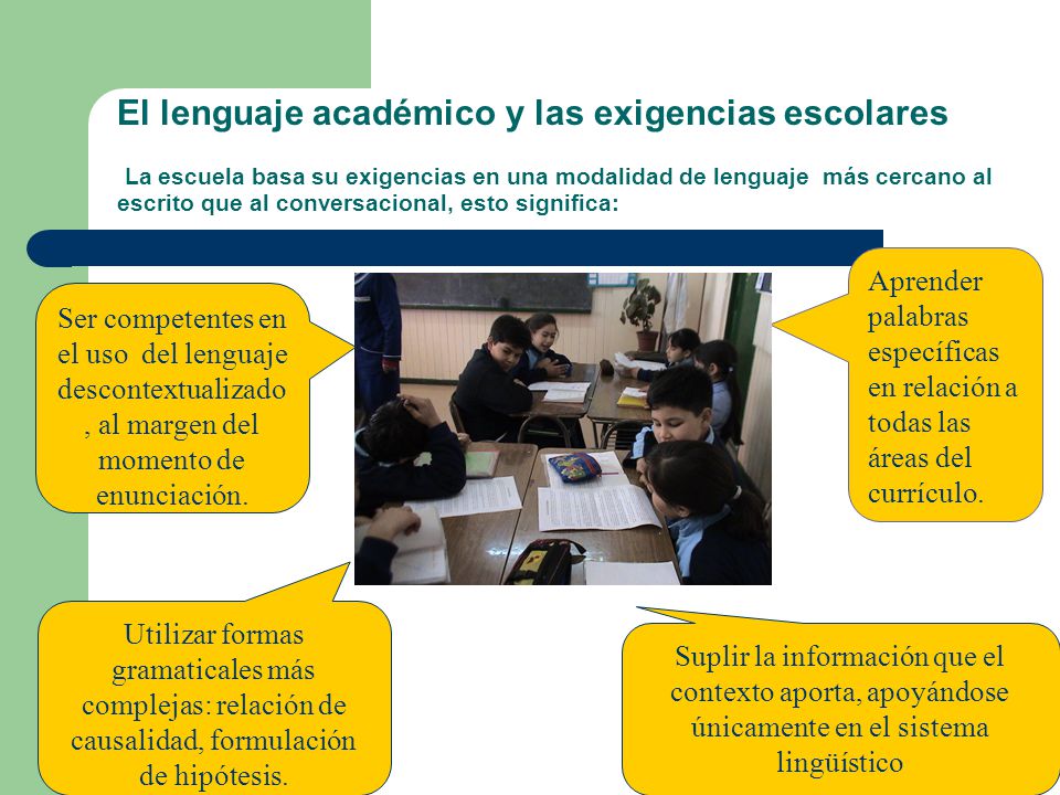 El lenguaje académico y las exigencias escolares La escuela basa su exigencias en una modalidad de lenguaje más cercano al escrito que al conversacional, esto significa: