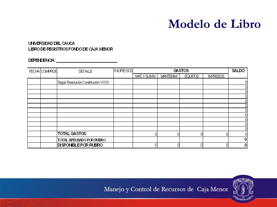 Modelo de Libro Manejo y Control de Recursos de Caja Menor