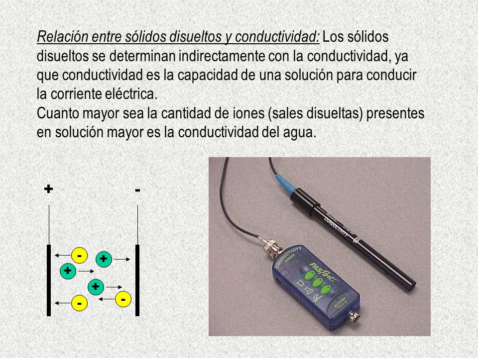 Relación entre sólidos disueltos y conductividad: Los sólidos disueltos se determinan indirectamente con la conductividad, ya que conductividad es la capacidad de una solución para conducir la corriente eléctrica.