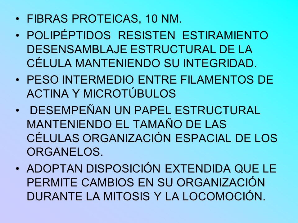 FIBRAS PROTEICAS, 10 NM. POLIPÉPTIDOS RESISTEN ESTIRAMIENTO DESENSAMBLAJE ESTRUCTURAL DE LA CÉLULA MANTENIENDO SU INTEGRIDAD.