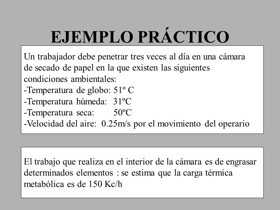 EJEMPLO PRÁCTICO Un trabajador debe penetrar tres veces al día en una cámara. de secado de papel en la que existen las siguientes.