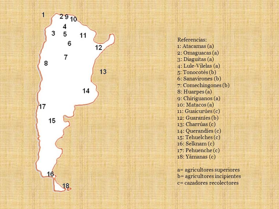 Referencias: 1: Atacamas (a) 2: Omaguacas (a) 3: Diaguitas (a) 4: Lule-Vilelas (a) 5: Tonocotés (b)