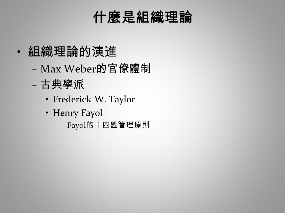 什麼是組織理論 組織理論的演進 Max Weber的官僚體制 古典學派 Frederick W. Taylor Henry Fayol