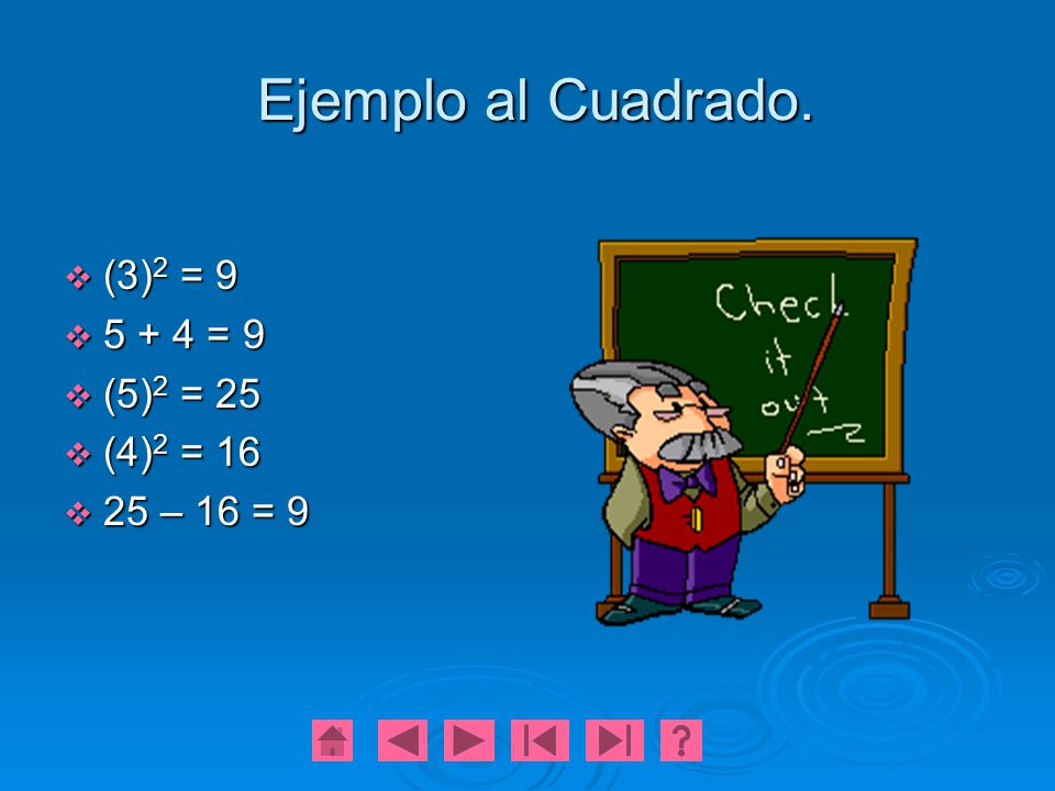Ejemplo al Cuadrado. (3)2 = = 9 (5)2 = 25 (4)2 = 16