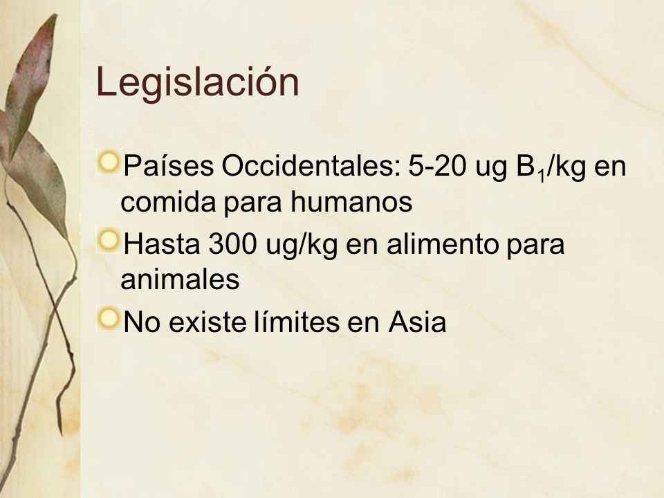 Legislación Países Occidentales: 5-20 ug B1/kg en comida para humanos