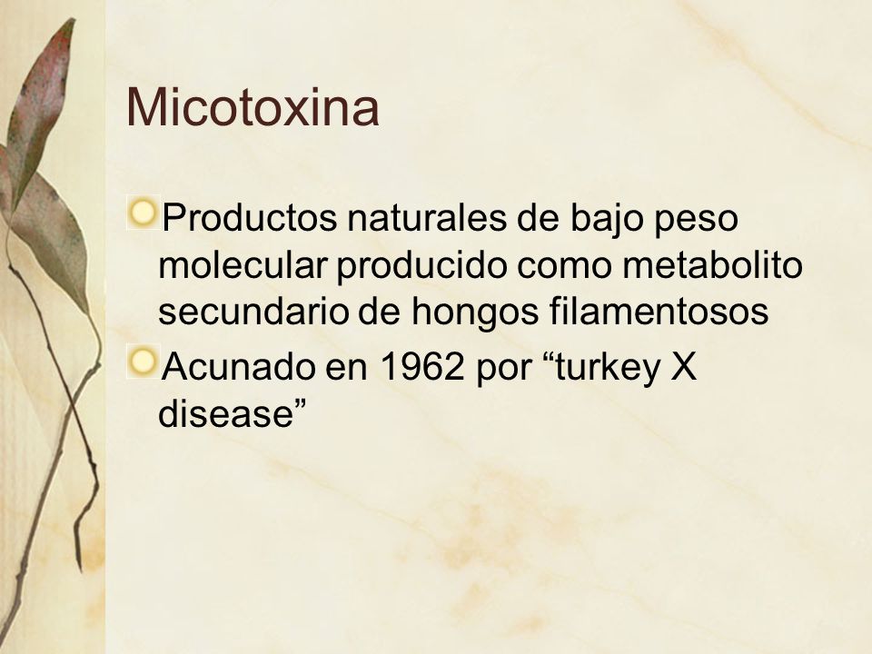 Micotoxina Productos naturales de bajo peso molecular producido como metabolito secundario de hongos filamentosos.