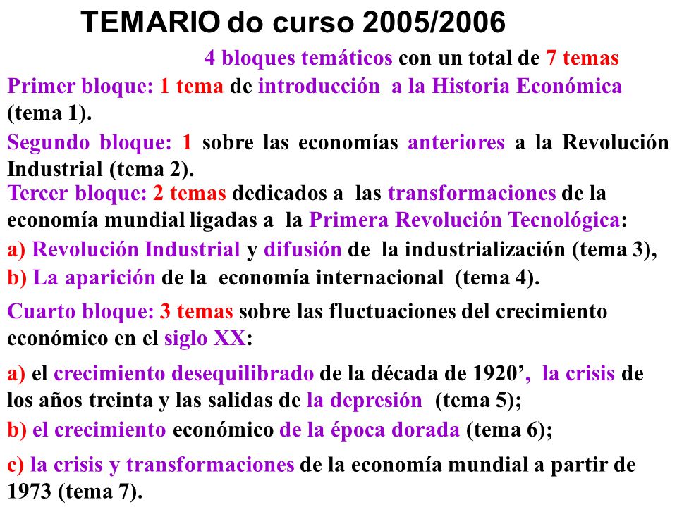 TEMARIO do curso 2005/ bloques temáticos con un total de 7 temas