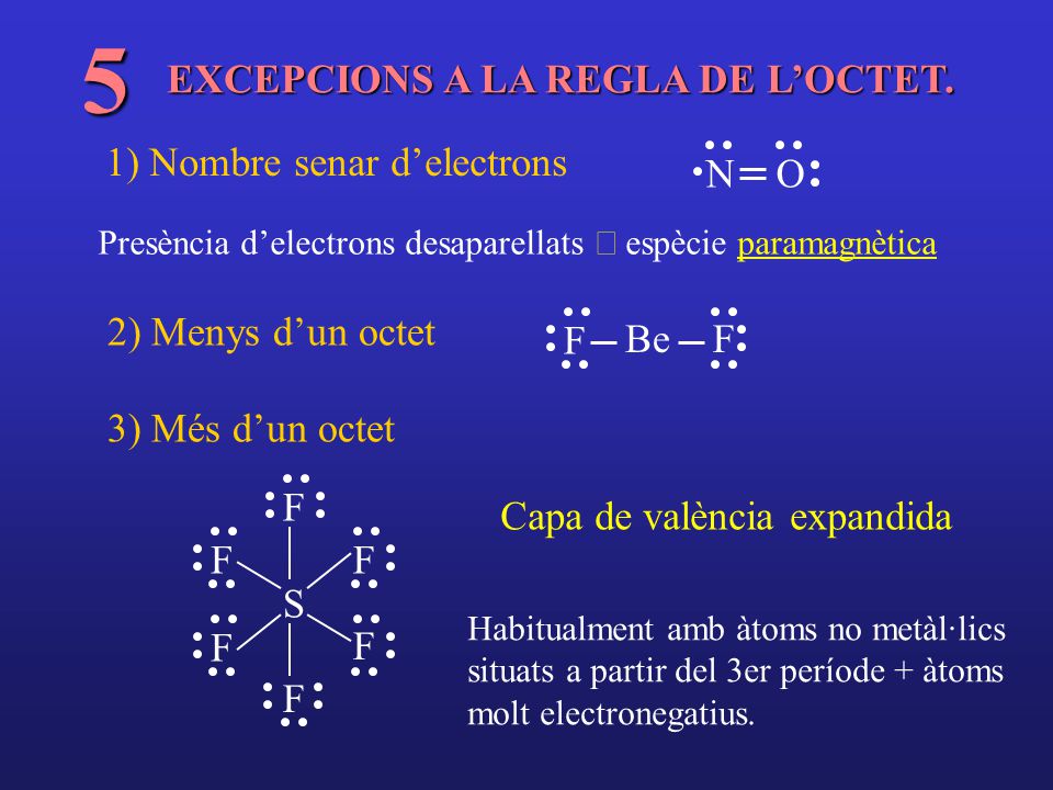 5 EXCEPCIONS A LA REGLA DE L’OCTET. 1) Nombre senar d’electrons O N