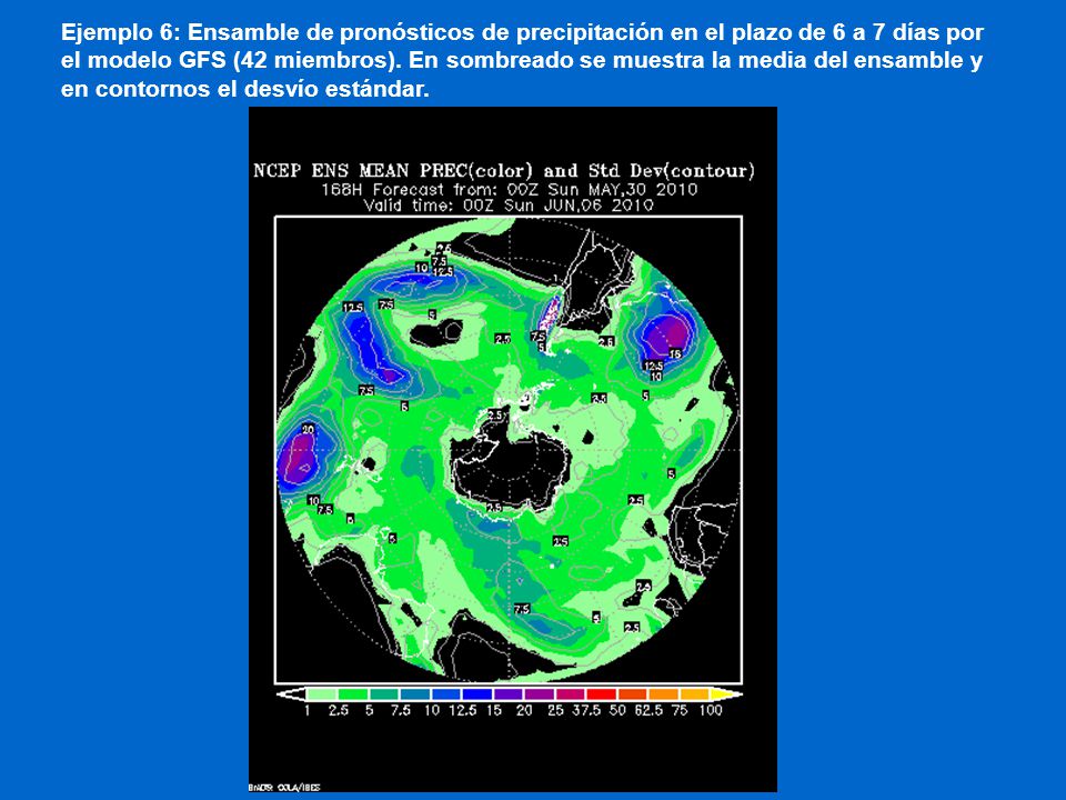 Ejemplo 6: Ensamble de pronósticos de precipitación en el plazo de 6 a 7 días por el modelo GFS (42 miembros).