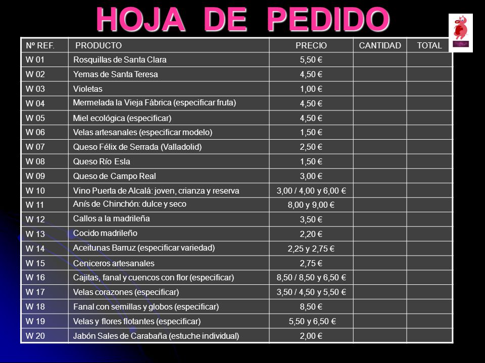 HOJA DE PEDIDO Nº REF. PRODUCTO PRECIO CANTIDAD TOTAL W 01