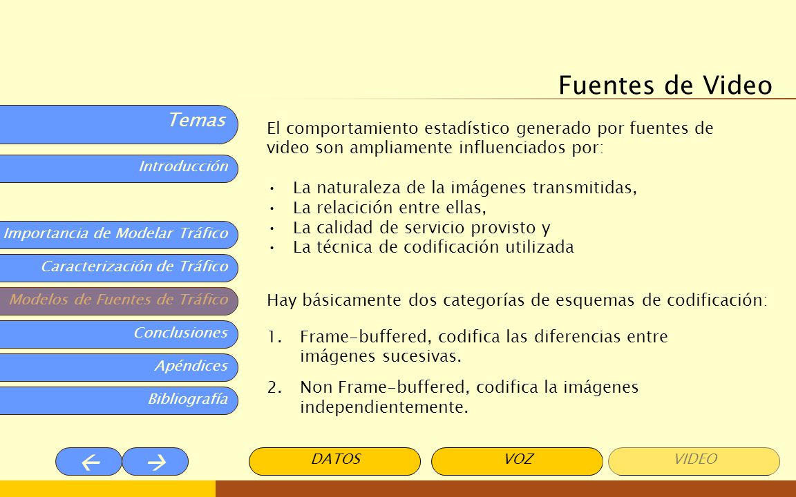 Fuentes de Video El comportamiento estadístico generado por fuentes de video son ampliamente influenciados por: