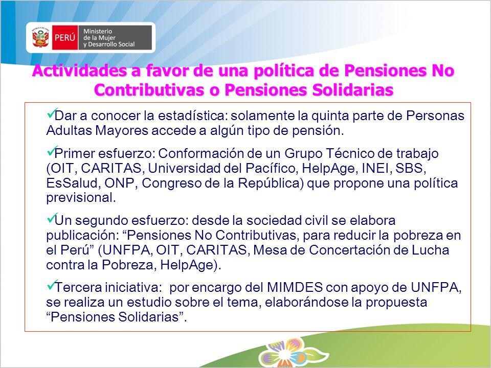 Actividades a favor de una política de Pensiones No Contributivas o Pensiones Solidarias