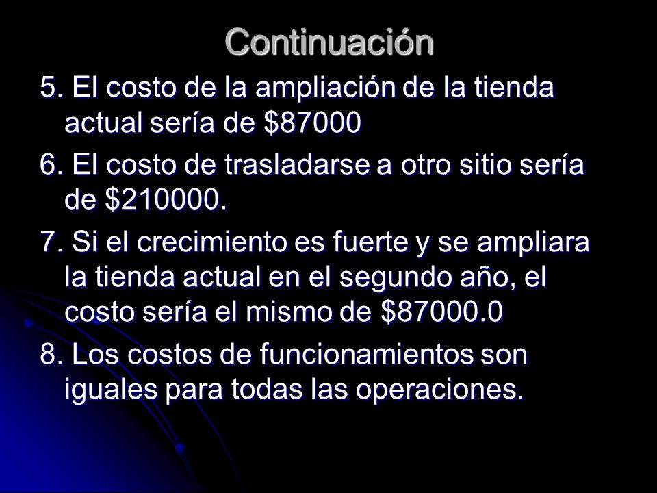 Continuación 5. El costo de la ampliación de la tienda actual sería de $ El costo de trasladarse a otro sitio sería de $