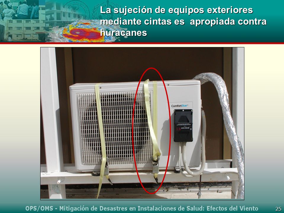 La sujeción de equipos exteriores mediante cintas es apropiada contra huracanes