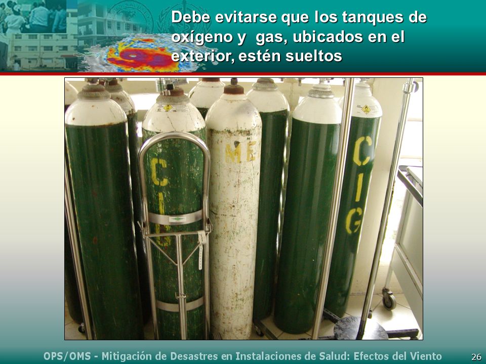 Debe evitarse que los tanques de oxígeno y gas, ubicados en el exterior, estén sueltos