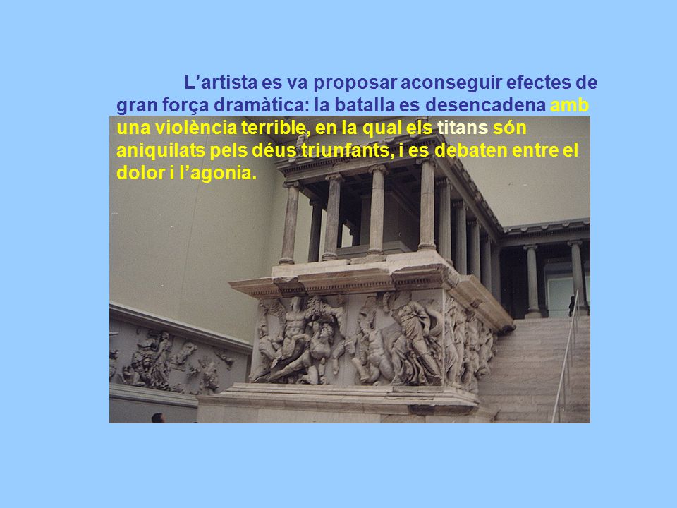 L’artista es va proposar aconseguir efectes de gran força dramàtica: la batalla es desencadena amb una violència terrible, en la qual els titans són aniquilats pels déus triunfants, i es debaten entre el dolor i l’agonia.
