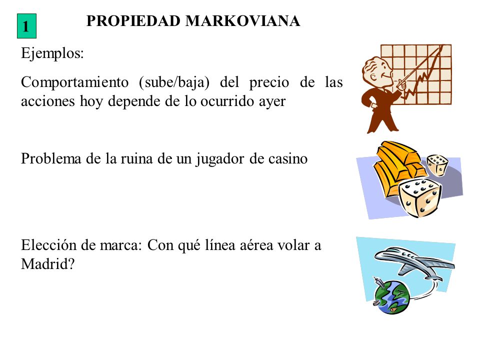 PROPIEDAD MARKOVIANA 1. Ejemplos: Comportamiento (sube/baja) del precio de las acciones hoy depende de lo ocurrido ayer.