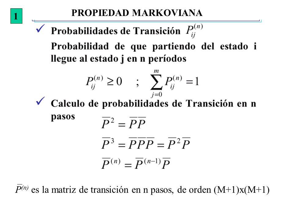 PROPIEDAD MARKOVIANA 1 P(n) es la matriz de transición en n pasos, de orden (M+1)x(M+1)