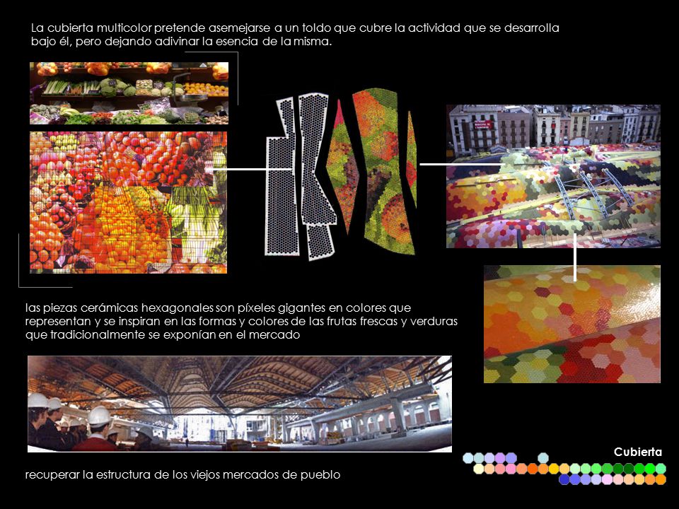 La cubierta multicolor pretende asemejarse a un toldo que cubre la actividad que se desarrolla bajo él, pero dejando adivinar la esencia de la misma.