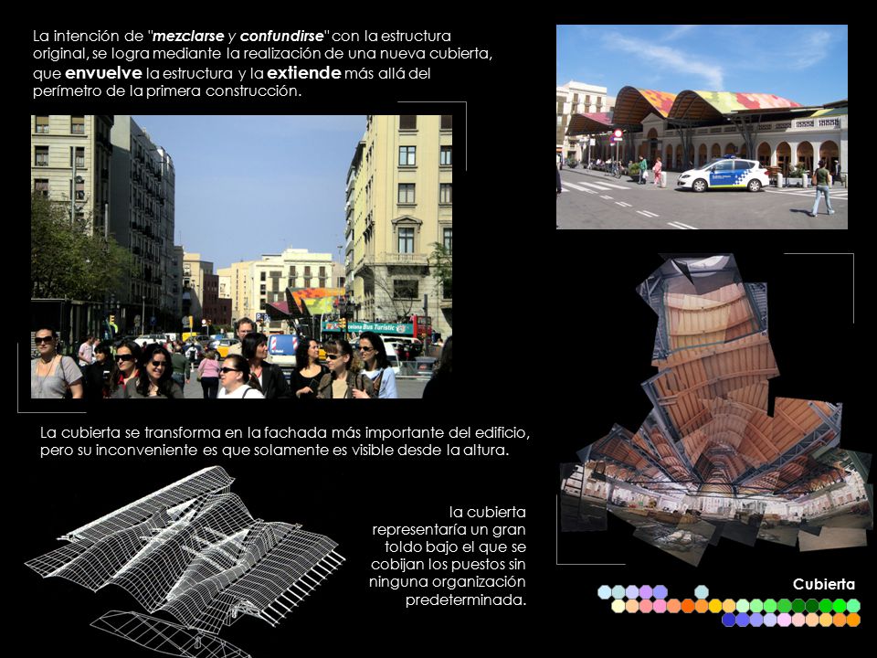 La intención de mezclarse y confundirse con la estructura original, se logra mediante la realización de una nueva cubierta, que envuelve la estructura y la extiende más allá del perímetro de la primera construcción.