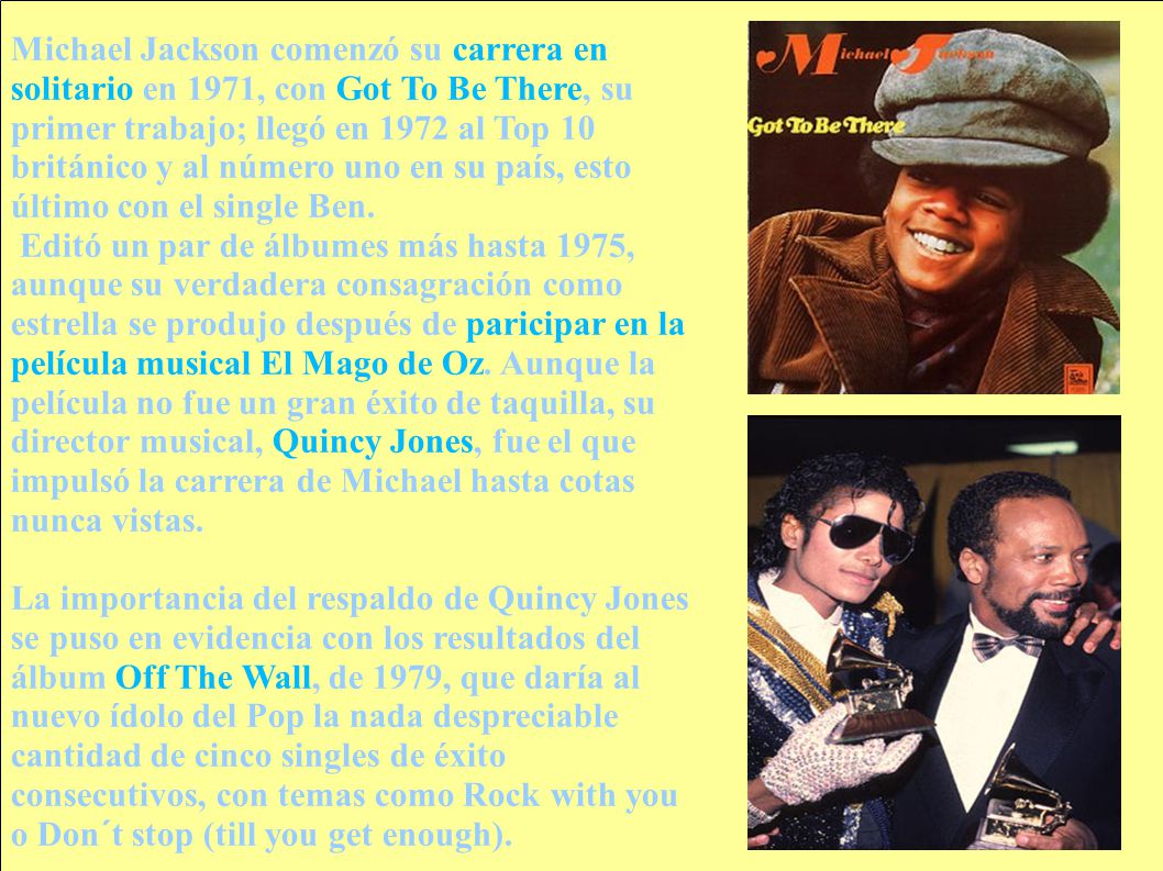 Michael Jackson comenzó su carrera en solitario en 1971, con Got To Be There, su primer trabajo; llegó en 1972 al Top 10 británico y al número uno en su país, esto último con el single Ben.