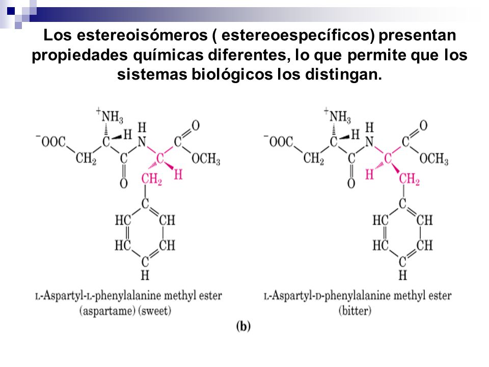 Los estereoisómeros ( estereoespecíficos) presentan propiedades químicas diferentes, lo que permite que los sistemas biológicos los distingan.