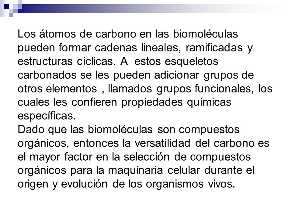 Los átomos de carbono en las biomoléculas pueden formar cadenas lineales, ramificadas y estructuras cíclicas.